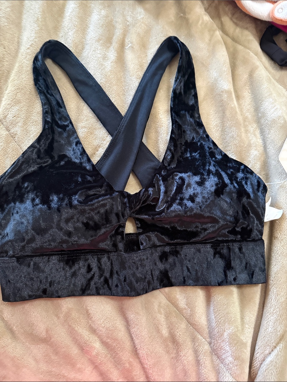 Fabletics Black Crushed Velvet Strappy Sports Bra